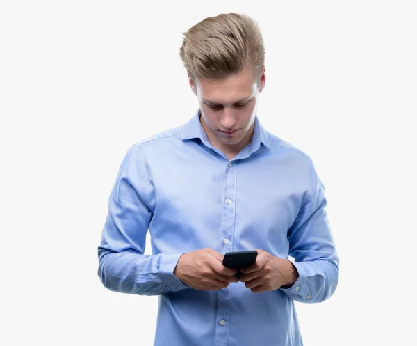 Young Handsome Blond Man Using Smartphone Confident Expression Smart Face — Stock Photo, Image