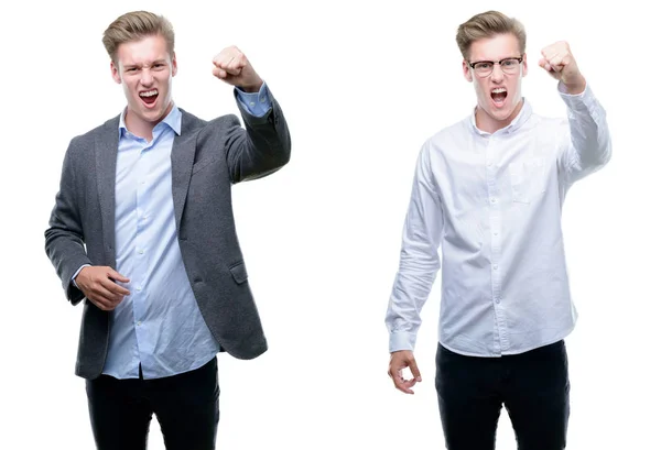 Young Handsome Blond Business Man Wearing Different Outfits Angry Mad — Stock Photo, Image