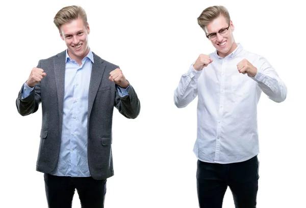 Ung Vacker Blond Affärsman Bär Olika Outfits Mycket Glad Och — Stockfoto