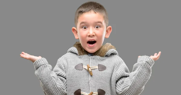 Dark Haired Little Child Wearing Coat Very Happy Excited Winner — Stock Photo, Image