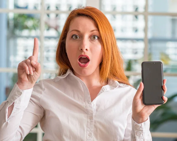 Redhead Woman Using Smartphone Home Surprised Idea Question Pointing Finger — Stock Photo, Image