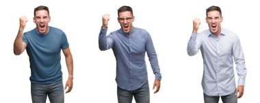 Yakışıklı genç adam giyen farklı kıyafetler öfkeli ve sinirli sinirli ve öfke ile bağırarak süre öfkeli yumruk yükselterek. Öfke ve agresif kavramı.