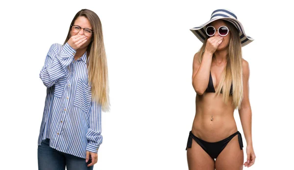 Ung Vacker Blond Kvinna Som Bär Verksamheten Och Bikini Outfits — Stockfoto