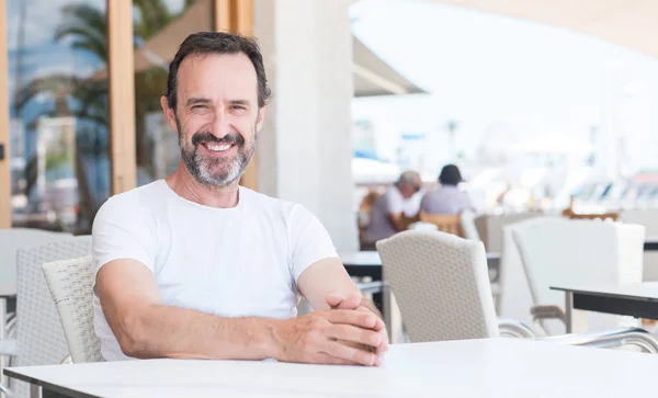 Handsome Senior Man Sitting Terrace Happy Face Standing Smiling Confident — Stock Photo, Image