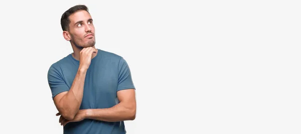 Handsome Young Casual Man Hand Chin Thinking Question Pensive Expression — Stock Photo, Image