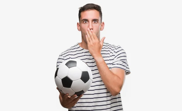 Handsome Young Man Holding Soccer Football Cover Mouth Hand Shocked — Stock Photo, Image