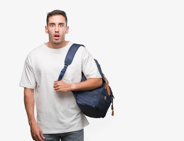 Handsome Young Man Holding Backpack Scared Shock Surprise Face Afraid — Stock Photo, Image
