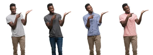 Koláž Afrických Amerických Muž Nosí Různé Oblečení Ohromil Usmívá Kameru — Stock fotografie