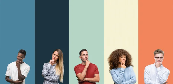 Group People Vintage Colors Background Looking Confident Camera Smile Crossed — Stock Photo, Image