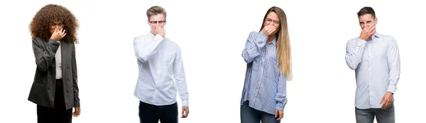 Team Business Men Women Smelling Something Stinky Disgusting Intolerable Smell — Stock Photo, Image