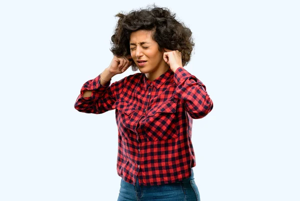 Beautiful Arab Woman Covering Ears Ignoring Annoying Loud Noise Plugs — Stock Photo, Image