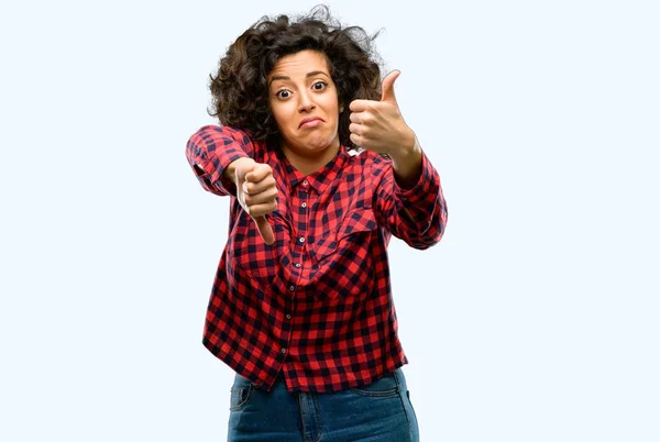 Beautiful Arab Woman Confused Thumbs Trying Take Decision Expressing Doubt — Stock Photo, Image