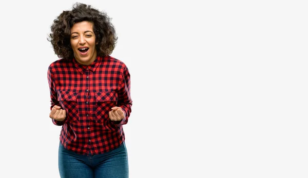 Beautiful Arab Woman Happy Excited Celebrating Victory Expressing Big Success — Stock Photo, Image