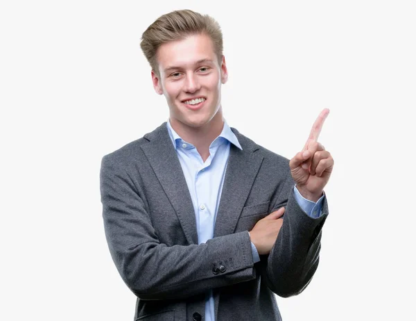 Young Handsome Blond Business Man Big Smile Face Pointing Hand — Stock Photo, Image
