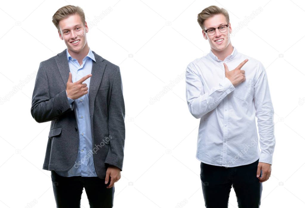 Young handsome blond business man wearing different outfits cheerful with a smile of face pointing with hand and finger up to the side with happy and natural expression on face looking at the camera.