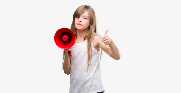 Jovem Criança Loira Segurando Megafone Feliz Com Grande Sorriso Fazendo — Fotografia de Stock