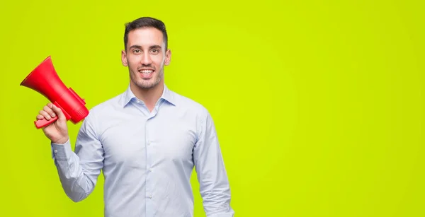 Handsome Young Man Holding Microphone Happy Face Standing Smiling Confident — Stock Photo, Image