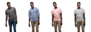 Kolaj bir Afrikalı-Amerikalı adam uzak tarafına yüzünde, doğal ifade gülümseme ile seyir farklı kıyafetler giyiyor. Kendine güvenen gülüyor.