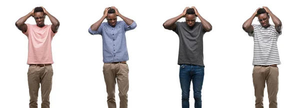 Коллаж Африканского Американец Носить Различные Наряды Страдают Головной Боли Отчаяния — стоковое фото