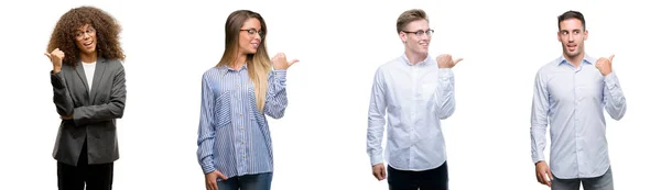 Equipe Homens Negócios Mulheres Sorrindo Com Rosto Feliz Olhando Apontando — Fotografia de Stock