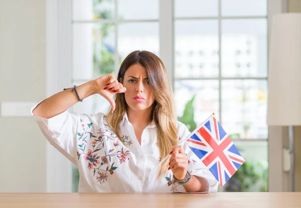 Young Woman Home Holding Flag United Kingdom Angry Face Negative — Stock Photo, Image