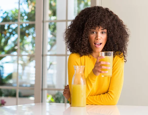 African American Woman Drinking Healthy Fruit Juice Home Scared Shock — Stock Photo, Image