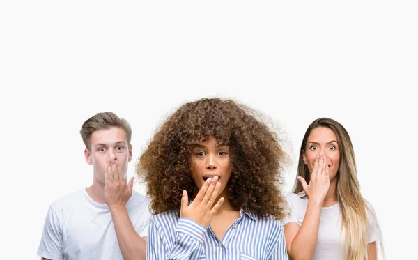 Group Young People White Background Cover Mouth Hand Shocked Shame — Stock Photo, Image