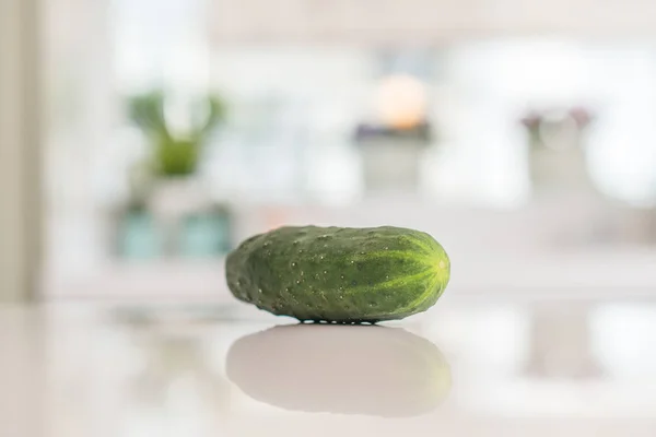 Closeup Cucumber Kitchen Table Sunny Bokeh Background Home — Stock Photo, Image