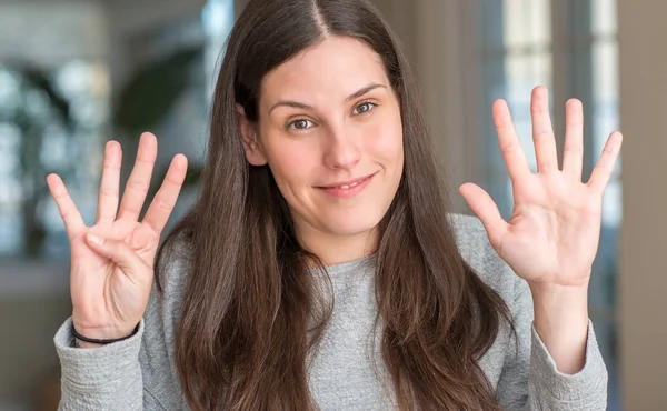 Young Beautiful Woman Home Showing Pointing Fingers Number Nine While — Stock Photo, Image