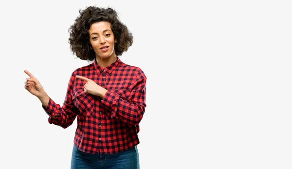 Beautiful Arab Woman Pointing Away Side Fingers — Stock Photo, Image