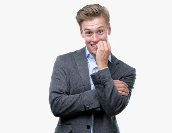 Young Handsome Blond Business Man Looking Stressed Nervous Hands Mouth — Stock Photo, Image