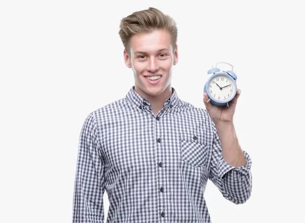 Young Handsome Blond Man Holding Alarm Clock Happy Face Standing — Stock Photo, Image