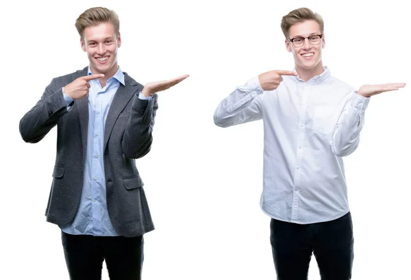 Joven Hombre Negocios Rubio Guapo Usando Diferentes Trajes Sorprendidos Sonriendo —  Fotos de Stock