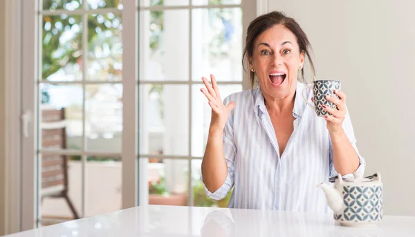 Middle Aged Woman Drinking Cup Tea Coffee Very Happy Excited — Stock Photo, Image