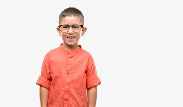 Criança Cabelos Escuros Usando Óculos Com Rosto Feliz Sorrindo Com — Fotografia de Stock