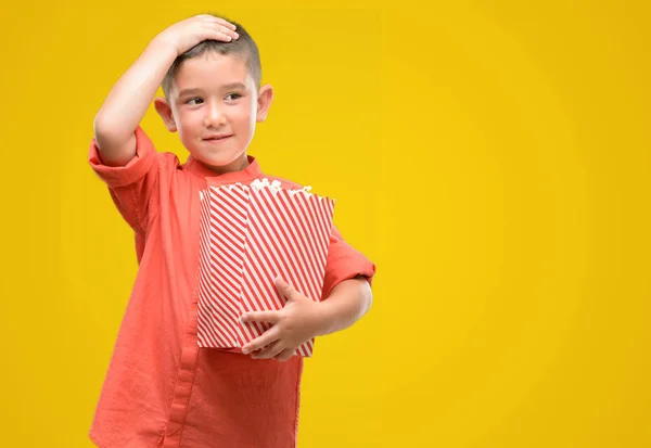 Dark Haired Little Child Eating Popcorn Stressed Hand Head Shocked — Stock Photo, Image