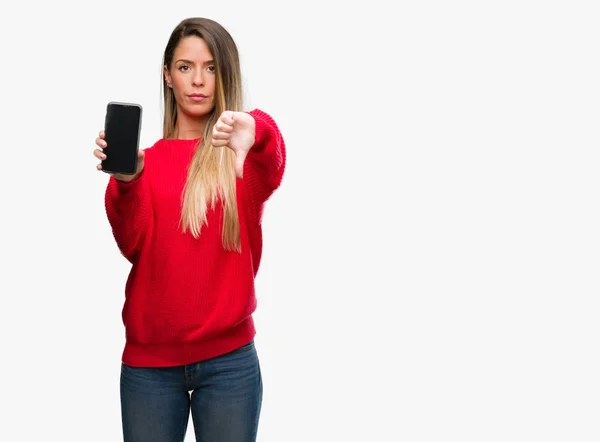 Schöne Junge Frau Mit Smartphone Mit Wütendem Gesicht Negatives Zeichen — Stockfoto