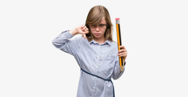 Young Blonde Child Holding Big Pencil Angry Face Negative Sign — Stock Photo, Image