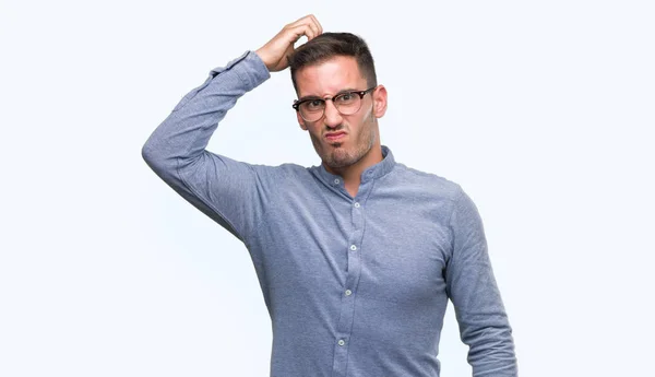 Guapo Joven Elegante Hombre Con Gafas Confunden Preguntan Acerca Pregunta —  Fotos de Stock
