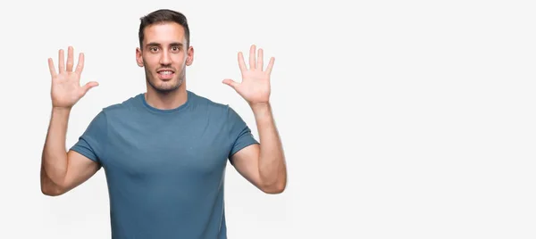Handsome Young Casual Man Showing Pointing Fingers Number Ten While — Stock Photo, Image