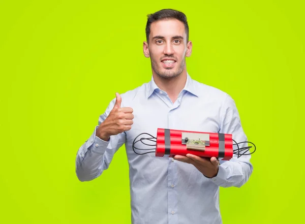 Handsome Young Business Man Holding Alarm Clock Bomb Happy Big — Stock Photo, Image