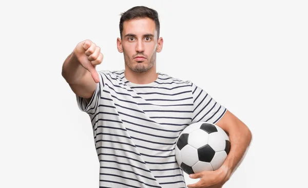 Handsome Young Man Holding Soccer Football Angry Face Negative Sign — Stock Photo, Image