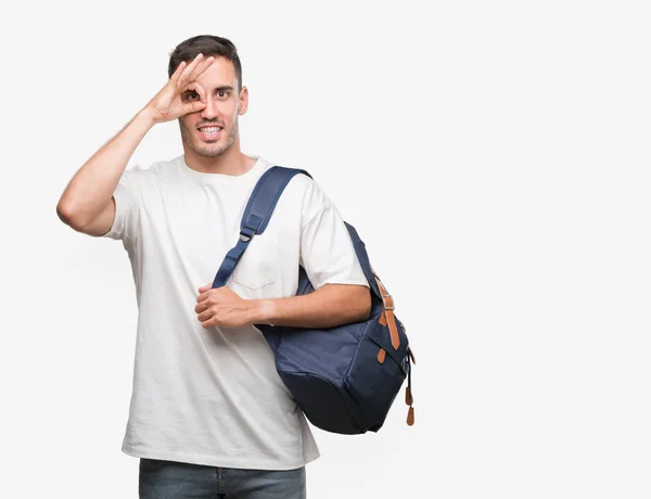 Handsome Young Man Holding Backpack Happy Face Smiling Doing Sign — Stock Photo, Image