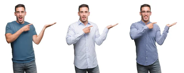 Hombre Joven Guapo Con Diferentes Trajes Sorprendidos Sonriendo Cámara Mientras — Foto de Stock