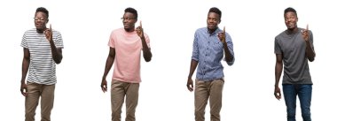 Kolaj bir Afrikalı-Amerikalı adam başarılı fikirle parmağı yukarıyı farklı kıyafetler giyiyor. Çıktıktan ve mutlu. Bir numara.