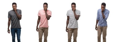 Kolaj bir Afrikalı-Amerikalı adam stresli ve gergin ile farklı kıyafetler giyen tırnak ısırma dudaklarından eller. Anksiyete sorunu.