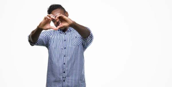 Fiatal Afroamerikai Férfi Szerelmes Szív Szimbólum Kéz Alakú Mosolygó Kék — Stock Fotó