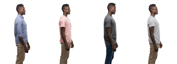 Collage Afroamerikanska Man Klädd Olika Outfits Ser Att Sida Koppla — Stockfoto