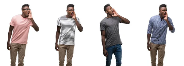 非洲裔美国人的拼贴画穿着不同的衣服大声喊叫 一边用手在嘴上尖叫 沟通理念 — 图库照片