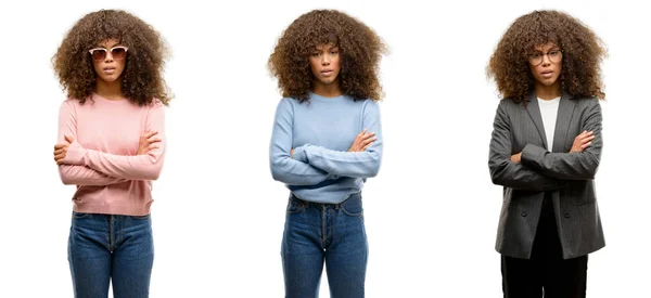 Giovane Afroamericana Vestita Con Abiti Diversi Scettica Nervosa Che Disapprova — Foto Stock